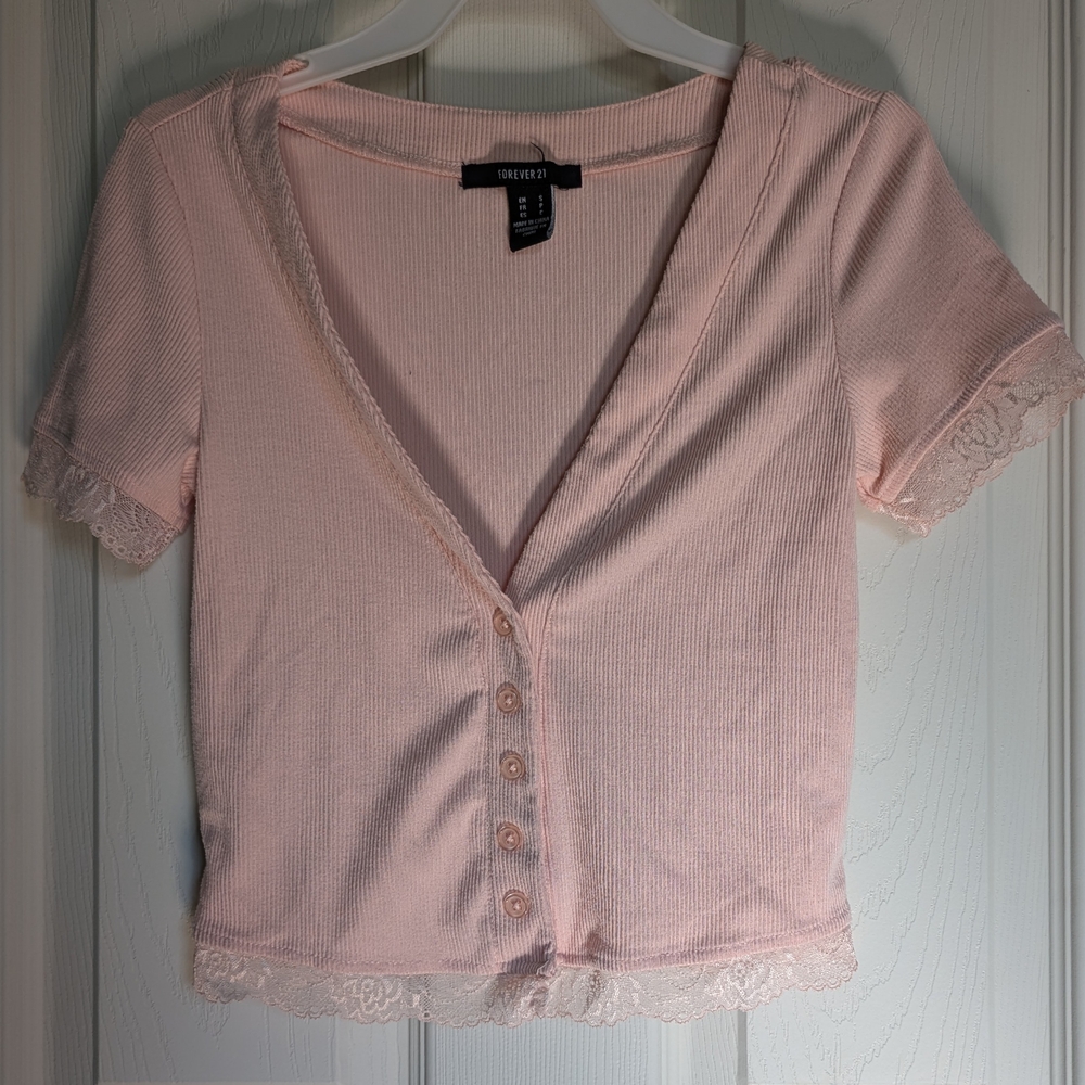 Pink Lace Trim Button-Up Top